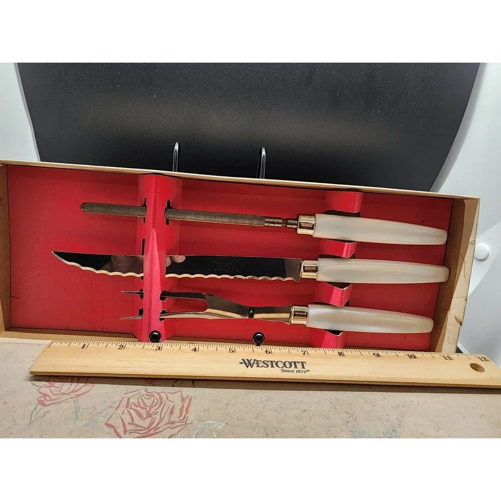 Vtg Regent Sheffield English Stainless 3 Piece Carving Set Box Pearline Bakelite